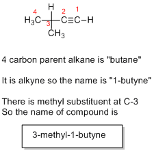 Н 2 1 H3C CEC-H Hзс- CH3 4 carbon parent alkane is butane It is alkyne so the name is 1-butyne There is methyl substituen