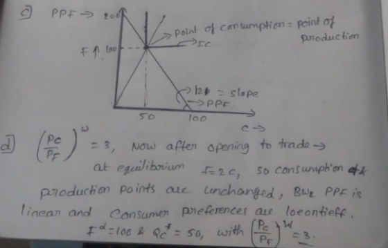 >Point o cen umpton peint of pnoduction loo SPP loo = 3, Now apter opening to trnda→ on po ints aue uncharged, Bur Pr is pzoduch linean andl Consumen pneferences au loeontieff with
