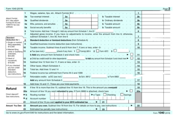 Form 1040 2018 Page 2 -A Head 192 1 Wages, salaries, tips, etc. Attach Forms) W-2 . . . . 2a Tax-exempt interest. . . Taxable