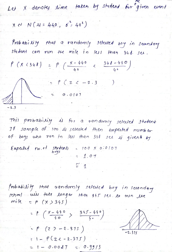 Let x denotes time taken by student for a given event XN N(M = 440 8² 402) Probabiling that a randomly selected boy in second