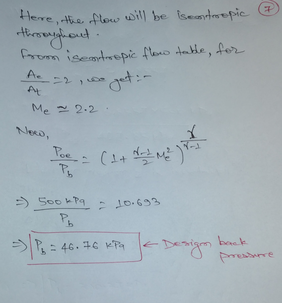 7 Here, the flow will be sentropic throughout from isentropic flow table, for Ae -2 > getan A Me ~ 2.2 Now, X N-1 Poe (1+ de
