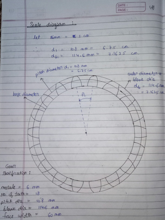 DATE : PAGE : Seale diagram let lamm 1 cm cm. di 108 mm 114.6 mm - 6.75 7.1625 cm 6.75cm. pitch diameter di = 108 mm outer di