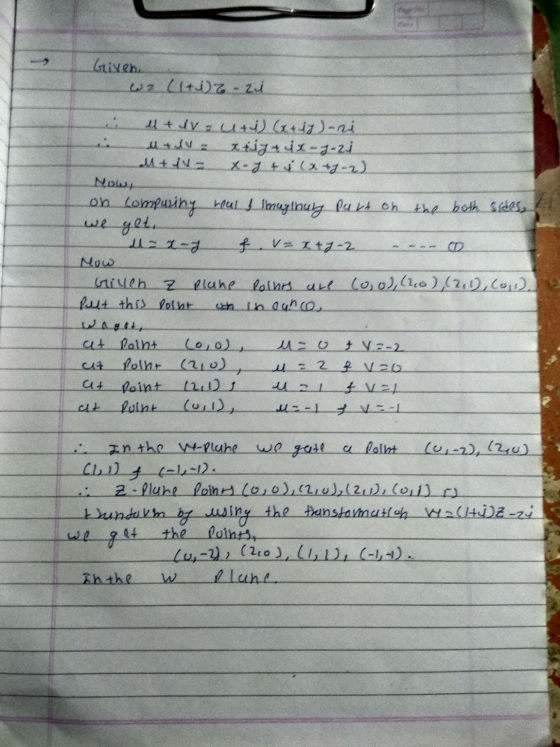 Given wa (1+i) -21 ll + iv=uti) Griz)-ni a tija 4x -j-zi Mtiv x-sti (a +-2) Now, on compusing real & Imaginary purt on the bo
