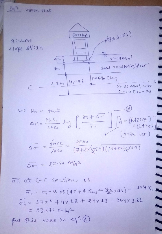 Solm - viven that 6000kr p(7 x 10X1) assume Slope 2V:14 4m r=17kolm? sand 8=18kolm?d=25 ton 4.8m Ho24.8 C z = 6.4m Clay re 1