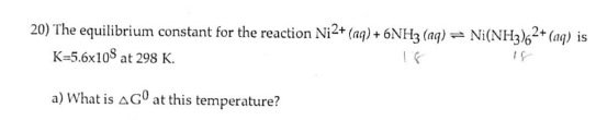 20) The equilibrium constant for e reaction Ni2+ (