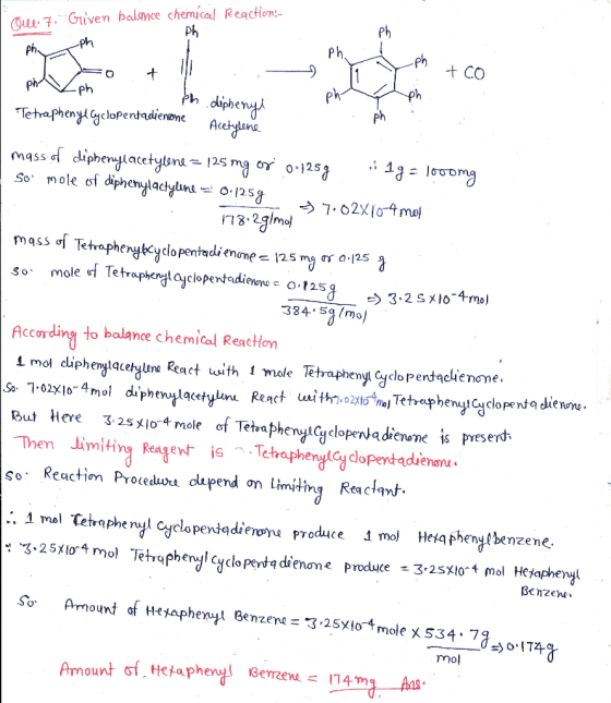 Qul:7, Griven balance chemical Reaction:- ph ph. ph Ph. - i + co phVph eh diphenyl Tetraphenyl Cyclopentadienone Acetylene