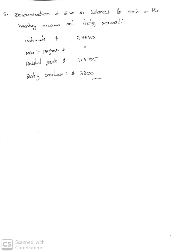 2. each of the Determination of June 30 balances for inventory accounts and factory overhead :- Materials & 23820 Work in pro