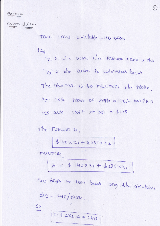 Answer: Given data: Total Land available = 150 acres Let Xi is the acoes the formen plant apples actes it cultivates beets X