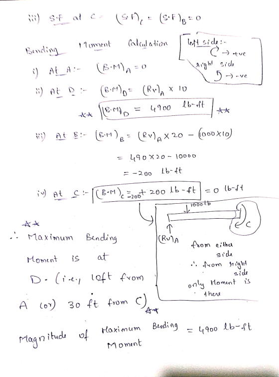 W SF at (sn = (SF) = 0 Calculation left side: Ć tve right side 5 - -vc Bending Moment ) ME 4:- (BMA=0 (679), (RV) x 10 ** LE