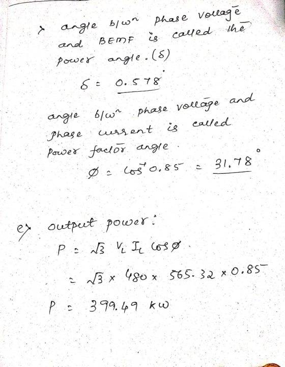 and angle blon phase vollage BEMF is called the power angle.(5) 0.578 S. angle bon phase vollage and Phase urrent is called P