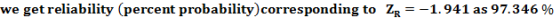 we get reliability (percent probability) corresponding to ZR = -1.941 as 97.346 %