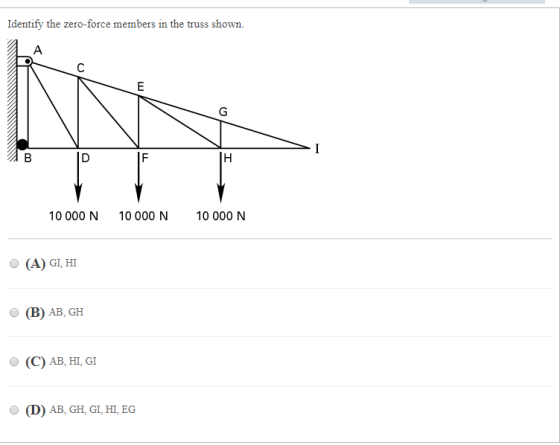 Identify the zero-force members in the truss shown. 10 000 N 10 000 N 10 000 N (A) GI, HI O (B) AB, GH O (C) AB, HI, GI O (D) AB, GH, GI, HI, EG