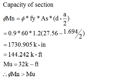 Capacity of section * As*(0-2 زم Mn = 6 * fy * As*(d. 2 =0.9*60*1.2(27.56-1.694 =1730.905 k - in = 144.242 k-ft Mu = 32k-ft .