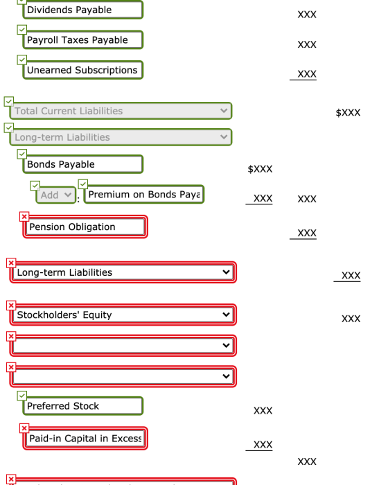 Dividends Payable XXX Payroll Taxes Payable XXX Unearned Subscriptions XXX Total Current Liabilities $XXX Long-term Liabiliti