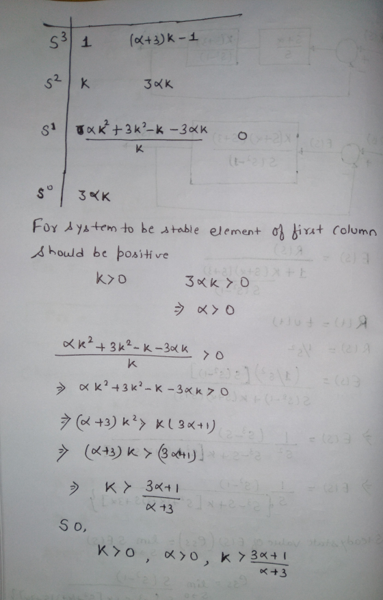 ७२ o 2x K. buvo 531 (x+3)K-1 K 34K six K²+36²-k -30k (1-22 30K For system to be stable element of first column should be posi