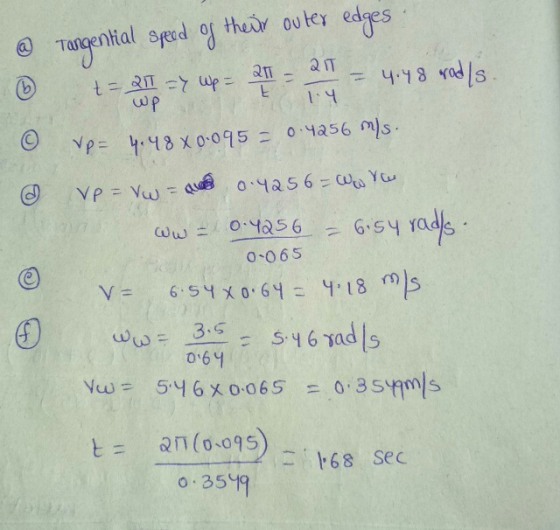 @ Tangential speed og (b their outer edges 21 2 IT t=211 => Wp = - 4.48 rod/s E Wp 1.4 Vp= 4548 X0.095 = 0.4256 ms. VP=Vw = 0