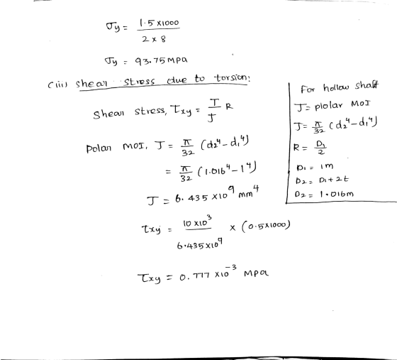 1.5 X1000 Jy = 2 x 8 Jy 93.75 mpa Clil shear due to torsion: stress IR Shear stress, Txy = For hollow shaht J= plolar MOI Joc