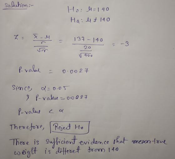 solution:- Ho: M=140 Hail & 140 L = X-M g e - = -3 137-140 - 20 v 400 m P-value = 0.0027 Since 2=0.05 & P-value=0.0027 P-valu