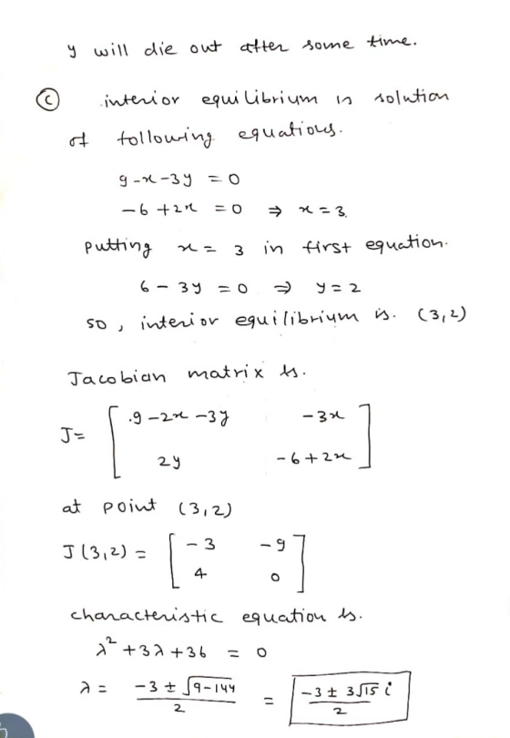 y will die out after some time. interior equilibrium in solution tollowing equations. g-x-3y =o -6+an - O → 2-3 putting 3 in