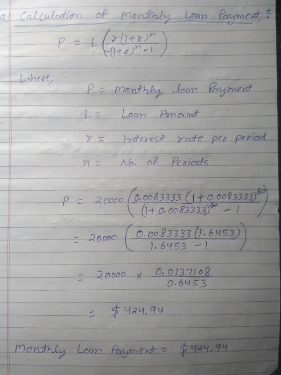 a calculation of monthly Loan payment ? P = Lollton Where, payment P = monthly loan 2= Loan Amount 8= Interest rate per perio
