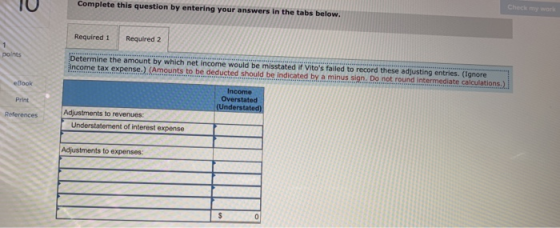 Complete this question by entering your answers in the tabs below Required 1 Required 2 Determine the amount by which net income would be misstated ir Vitos falled to record these adjusting entries. (ignore ncome tax expense.) (Amounts to be deducted should be indicated by. a minus sian Do not round intermediate calculations.) points eBook Overstated Print Adjustments to revenues Understatement of interest expense Adjustments to expenses: