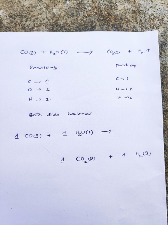 CO(g) + H₂O (1) - Cog & HT Readiants products U c- ! co I O e - 1 o - 2 H-2 0 - 2 Î It ->2 Î Î E Both Side balanced 1 cog) +