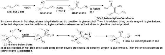 0% CH 3 H30+H3C 3 CrO3 H3C 1) NaOH H3C H2SO4 CH (2E)-but-2-ene butan-2-ol butan-2-one H3C (3E)-3,4-dimethylhex-3-en-2-one As
