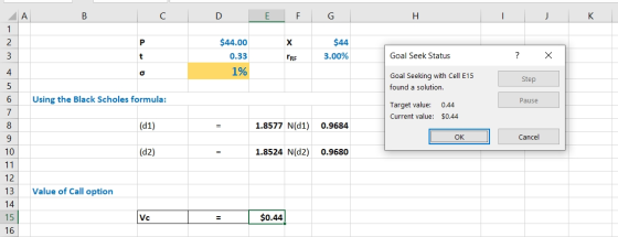 ДА В DE F LG H I J K X $44.00 0.33 1% $44 3.00% Goal Seek Status ? X Goal Seeking with Cell E15 found a solution. Step Using