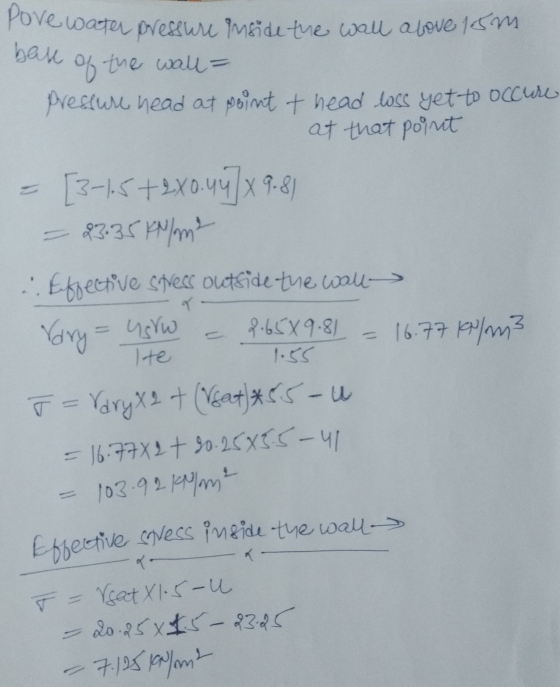 pore water pressure inside the wall above 15m base of the wall - Pressure head at point thead loss yet to occure at that poin