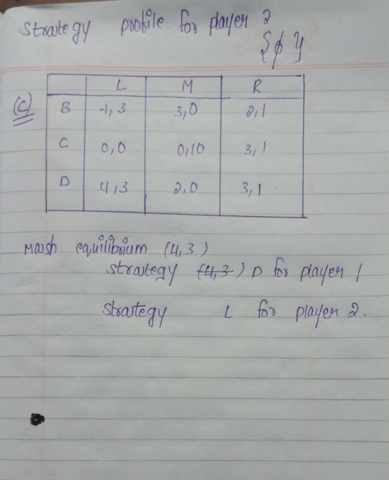 Strategy profile for playen M CC B-, 3 3,0 0,0 0,103,1 D 413 2,0 3,1 - Moush equilibsium (4,3) strategy (4,3) D for player /
