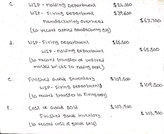 e. 63,700 . WIP - Molding Department : $24,100 WIP- Firing Department . $39,600 :: Manufacturing overhead (to record applied