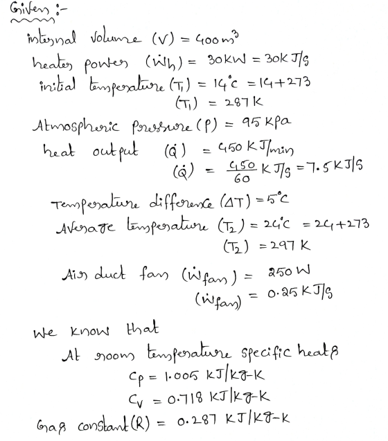 = 287 K 450 60 KJ/s = 7.5KJ/S Givers :- internal volume (V) = 400m3 heates powes (with) 30KW = 30K J/S initial terms perature