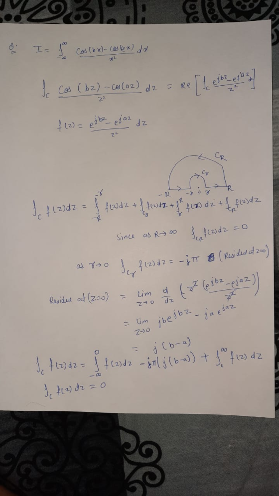 I= 1 Cos (6x)-collan) da x² Cos (bz) - cos (az) da = Re 22 ejaz dz ZL Cr f(z)dz fl2d2 + { flo387 +4* ) dz + haftadz since as