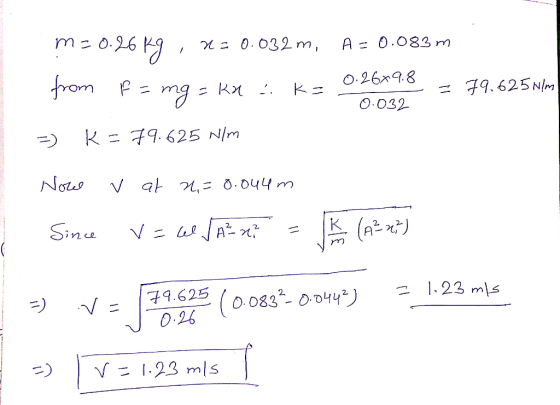 m=0.26 kg, =0.032m, A- 0.083 m from f = mg = kx ak= 0.26x9.8 = 79.625 Nim 0.032 =) K = 79.625 N/m Now v at 2,=0.044 m Since v