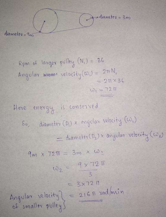 diameter = 9n0 Rpm of lavqer pulky (N)- 30 ene energ is tonse ve So diameter (D) x ongulanY Velocity (GO.) 2 3 216t)rad/min A
