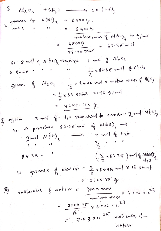 - 83.3mol. © Allzos +3H0 - 2A (OH)2 apangs of AllOH) = 6500g. mole 2 6500g . molastmass of A16H), in g/mol z 65oog 97-98 g/