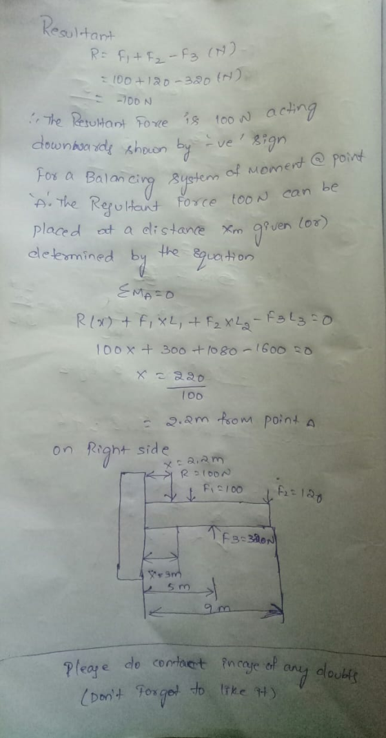 Resultant ancing system of moment @ point R- Fi + F - F3 (A) =100+120-320 (N) - 700 N The Resultant fone is 100w acting downw