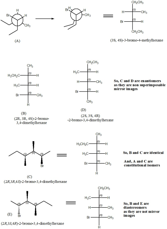 CH2CH3 H =CH Bra H Y CH3 Song CH3 CH2CH3 (3S, 4S)-3-bromo-4-methylhexane CH2CH3 CH₃ VRH H3CH2C II -CH3 Нас- So, C and D are e