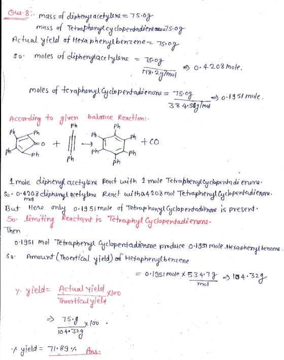 ou.8i- mass of diphenyl acetylene = 75.09 mass of Tetraphenylcyclopentadiene oruz75.0g Actual yielel of Hexa phenylbenzene --