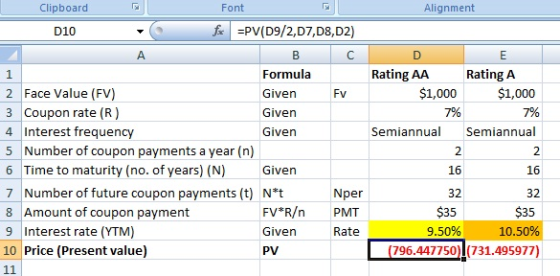 Clipboard Font Alignment D10 for =PV(D9/2,D7, D8, D2) A 1 Formula Rating AA Rating A 2 Face Value (FV) Given FV $1,000 $1,000