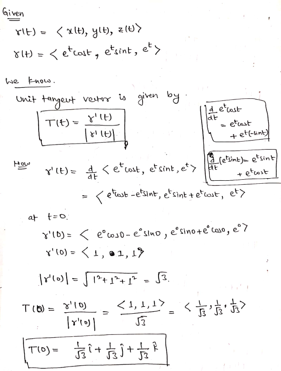 Given rit) = < x 1t), ylt), zlu? <etcost, etsint, ety 81H) = we know. d et cost Unit tangent vector is given by tilt) Tit) =