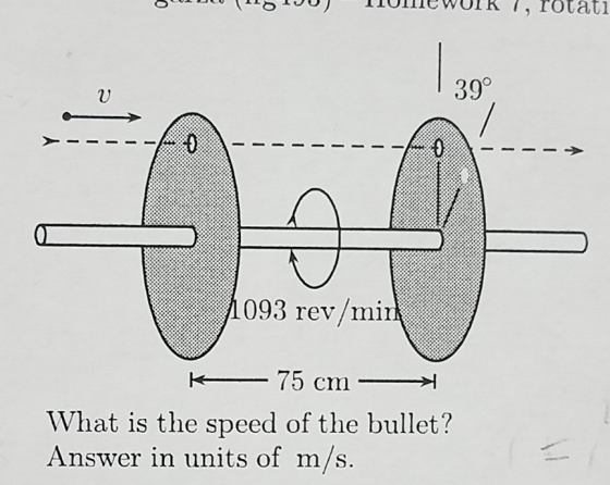 39° 1093 rev/mir What is the speed of the bullet? Answer in units of m/s
