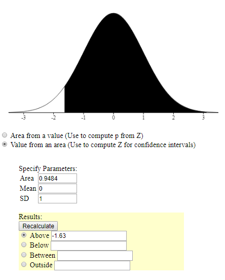 Area from a value (Use to compute p from Z) • Value from an area (Use to compute Z for confidence intervals) Specify Paramete