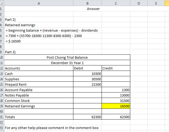 00 с D E A B 1 Answer 2 3 Part 2) 4 Retained earnings 5 = beginning balance +(revenue - expenses) - dividends 6 = 7300 + (557