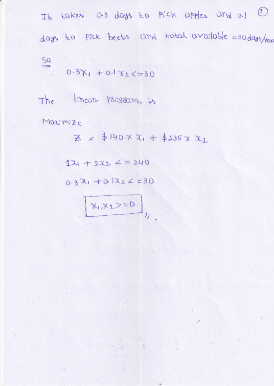 It takes 0.3 days to pick apples and al ③ days to pick beets and total available =30 days year So, 0.3%, tool 82 <=30 The lin