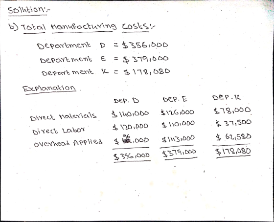 solutions b) Total Manufacturing costs: Department D = $356,000 Department E =$379,000 Department k=8178,880 Esaplanation .