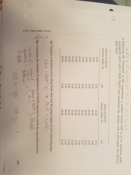 he leo the acid 3. Following the Procedure of this experiment, a student monoprotic acid with 0.100M NaOH and monitored the titration with a pH meter. His titration titrated 0.653 g of an unknown weak, monoprotic acid with data were: volume of NaOH solution added, mL volume of NaOH solution added, mL pH 0.00 2.00 4.00 6.00 3.30 22.00 24.00 26.00 28.00 30.00 31.00 32.00 33.00 34.00 36.00 38.00 5.74 5.88 2 4.55 4.76 4.92 5.06 6.24 10.00 12.00 14.00 16.00 18.00 20.00 3 6.89 5.29 11.08 11.38 11.67 11.83 5.51 (a) Prepare a titration curve using these data and the graph paper on the following page. b) Calculate the number of equivalents of NaOH required to reach the equivalence point. olune of NoOH murber of uer f oles of nwrber of number cf nuhberc N201 0100从 roles 0.100-1 . I 131 # noles