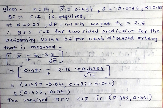 C.I CoI given - n=14, À = 0497 S = 0.0769, 720.05 95 y. is required, at -0.05 df-n-1-13 we get tca 2.16 95 for two sided pred