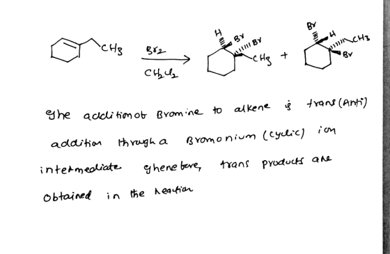 או א Hq Cu ghe tans (Anti) acci tiom ot Bvom ne to al kene addition thrugh a BYomonium (cyclic) iM intermeoliate ghene beve,