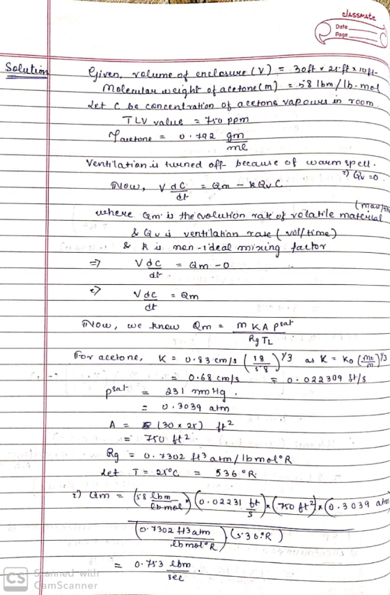 W WE 2. classmate Date Page Solution Given. Volume od enclosure (V2 = 30f7 x 26 ffxvogi molecular weight otacetonecm) 3.58 15
